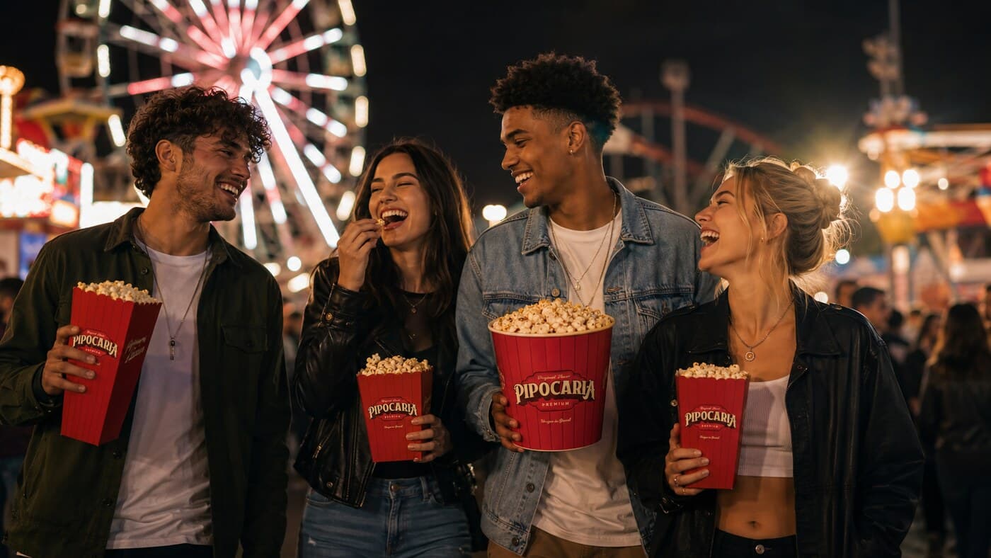 Grupo de amigos na roda gigante segurando baldes Pipocaria Premium