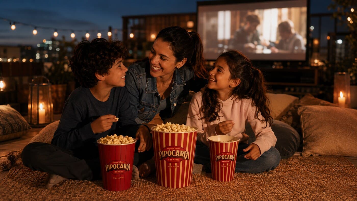 Família assistindo cinema em terraço com baldes Pipocaria Premium