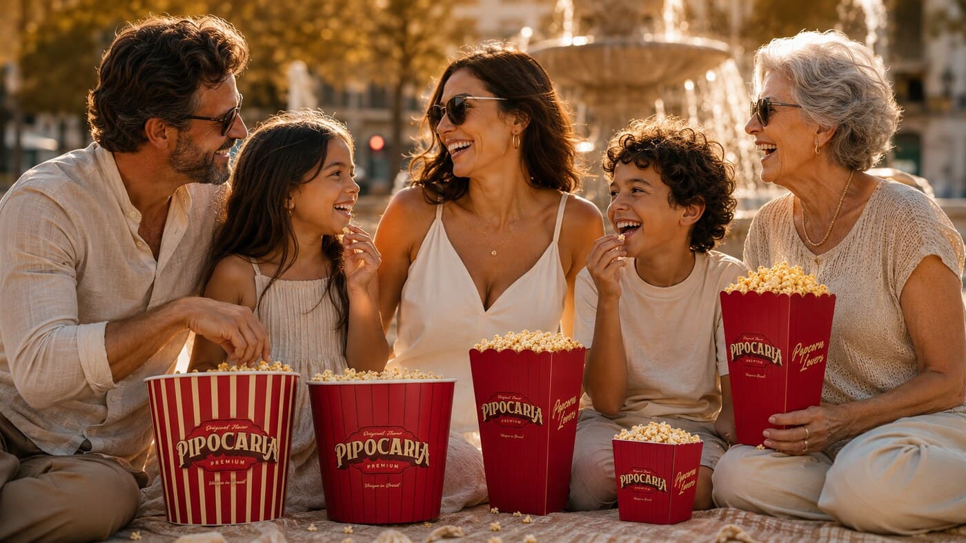 Família multigeracional na praça com baldes Pipocaria Premium