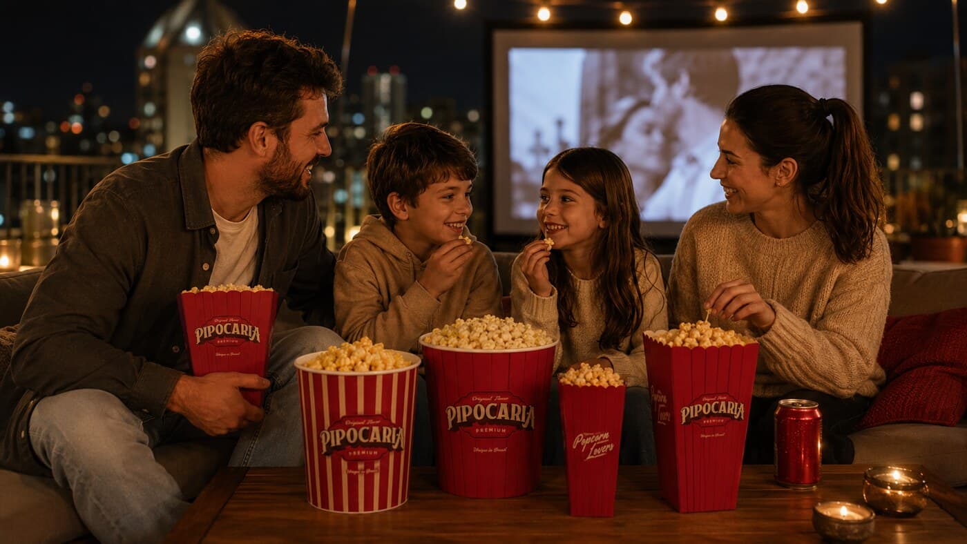 Família em sessão de cinema no terraço com baldes Pipocaria