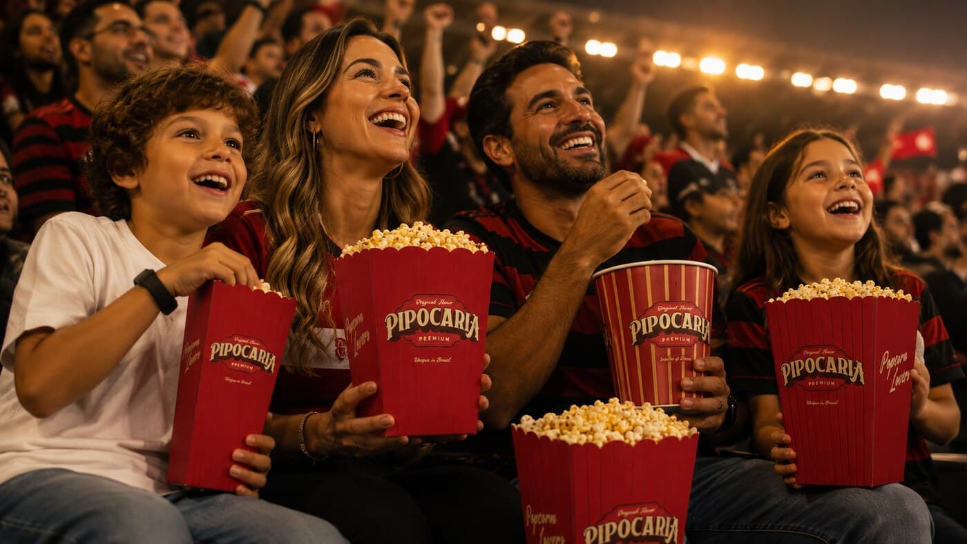 Família torcendo no estádio com baldes Pipocaria